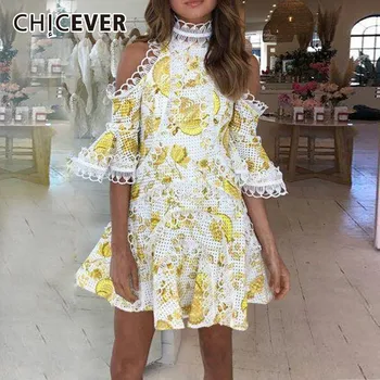 

CHICEVER Sexy Off Shoulder Women Dress Flare Sleeve Hollow Out High Waist Mini Female Mini The Dresses Summer 2020 Clothes New