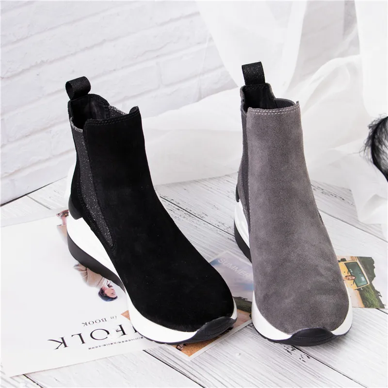 BELISS 2018 spring autumn ankle boots female cow suede leather platform comfortable women sneakers  ( (15)