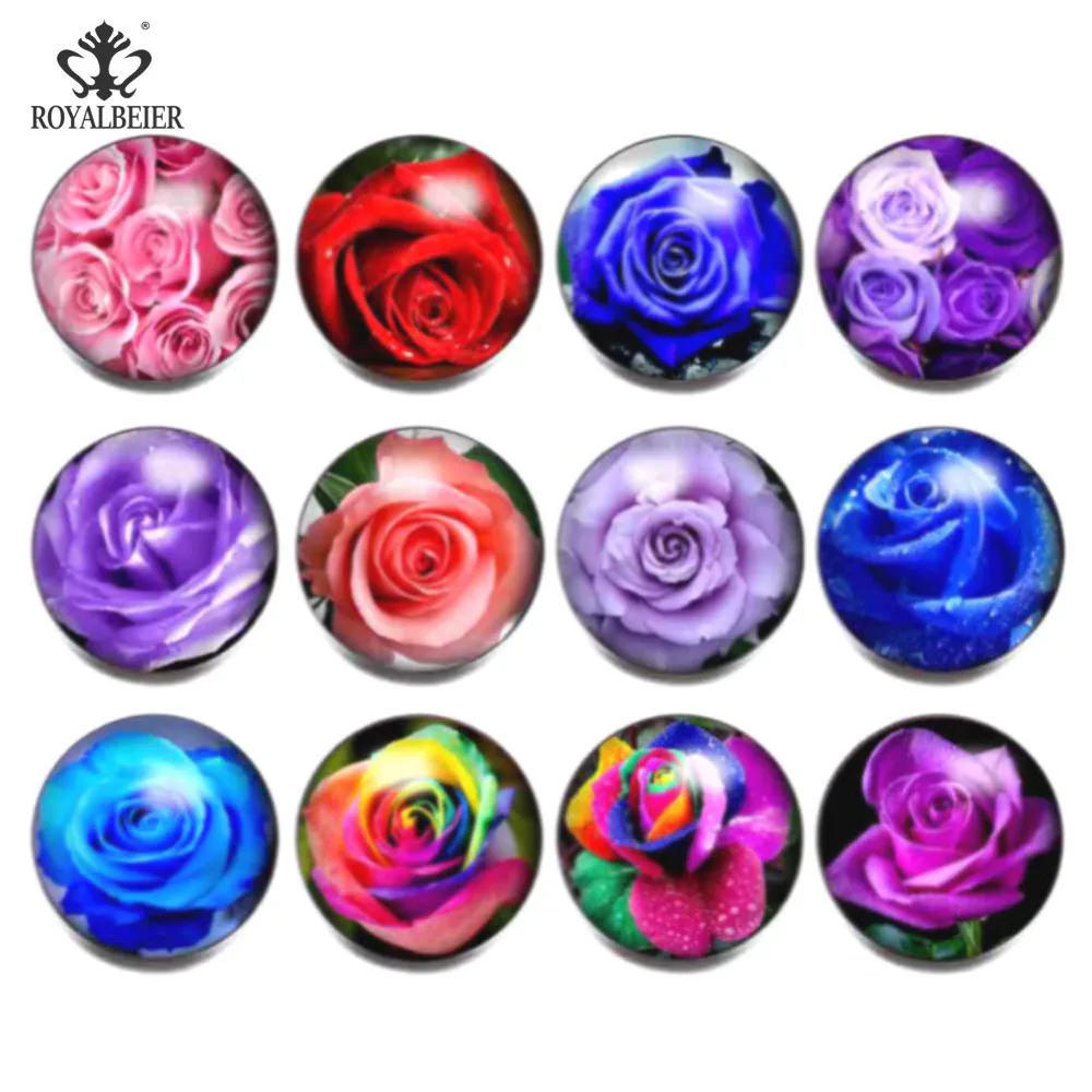 

ROYALBEIER 12pcs/lot Rose Flower Pattern Multi Color Charms 18mm Glass Snap Button Jewelry Charm Women Jewelry KZ0124
