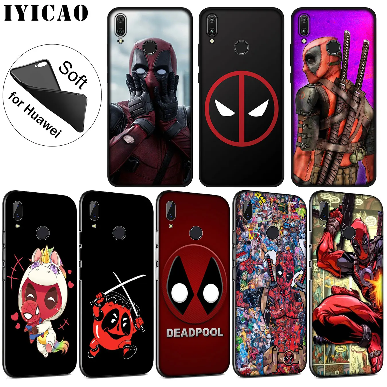 

IYICAO Deadpool Marvel Soft Silicone Phone Case for Huawei P20 Pro P10 P9 P8 Lite Mini 2017 2015 P Smart 2019 TPU Black Cover
