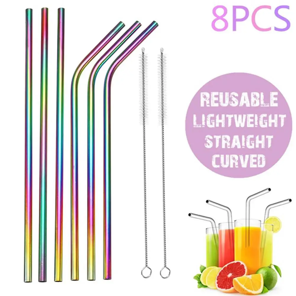 8Pcs 6mm Reusable Rainbow Straight Curved Drinking Straw Stainless Steel Cutlery