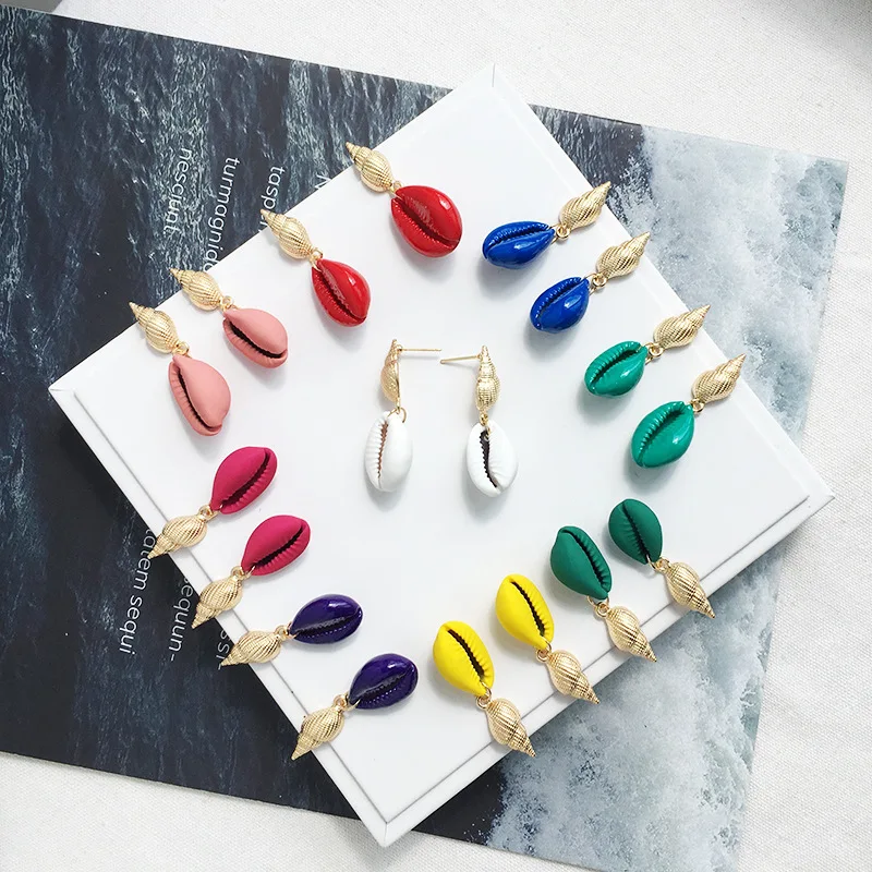 

2019 New Fashion Gold Color Small Conch Drop Earring for Women Colorful Cowrie Shell Earring Geometric Statement Bincos