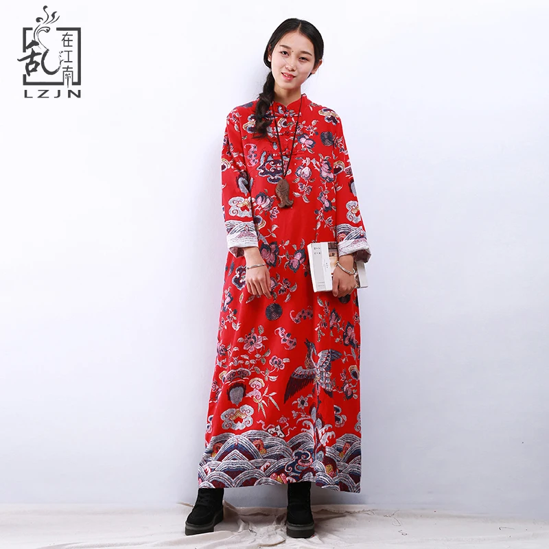 

LZJN Qing Dynasty Design 2019 Spring Autumn Maxi Dresses Chic Embroidery Cotton Linen Robe Femme Vintage Chinese Dress for Women