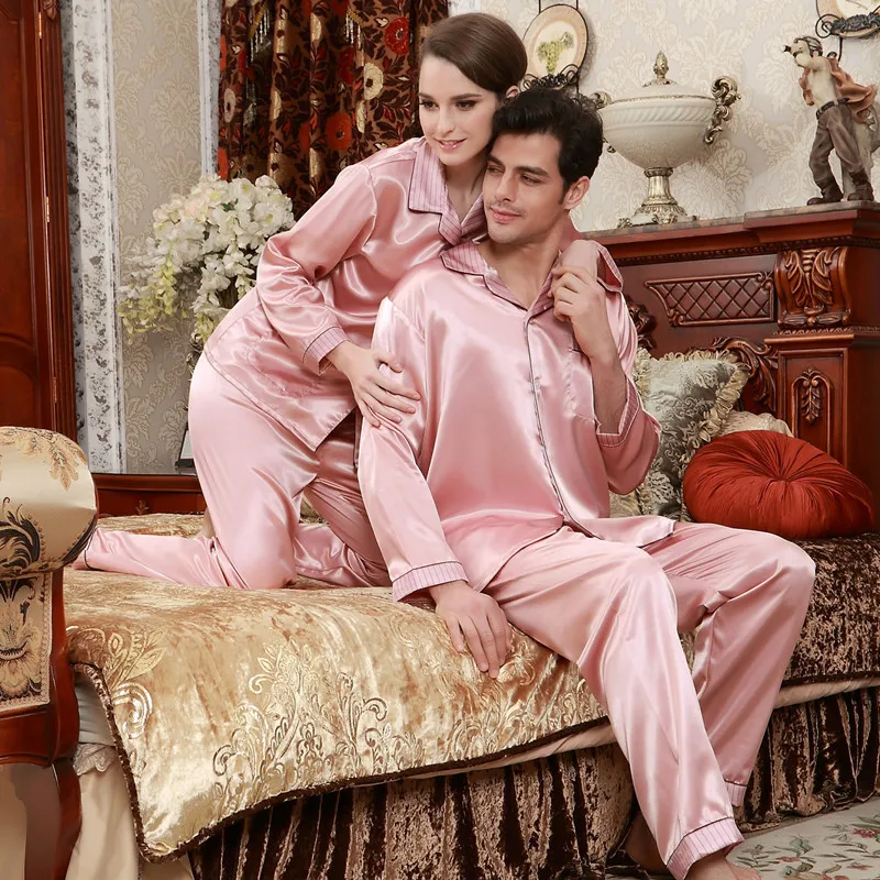 

Fashion Couple Pajamas Summer Short Sleeve Pajama Pants Sets Pink Sexy Adult Emulation Silk Pyjama Lounge Set Plus Size B-5843