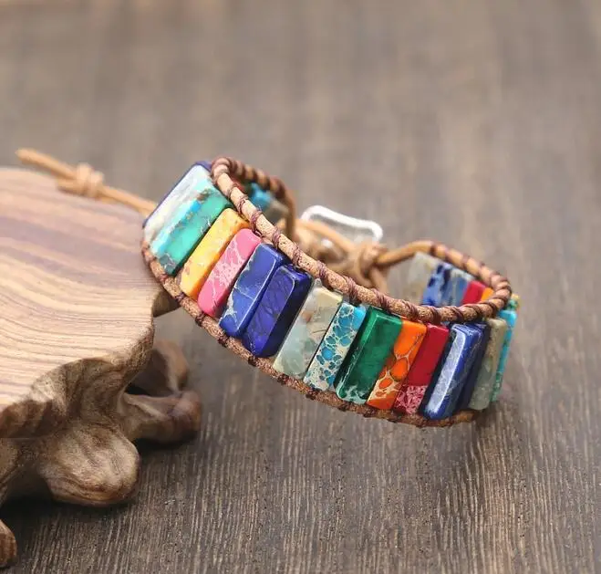 

Chakra Bracelet Jewelry Handmade Multi Color Natural Stone Tube Beads Leather Wrap Bracelet Couples Bracelets Creative Gifts