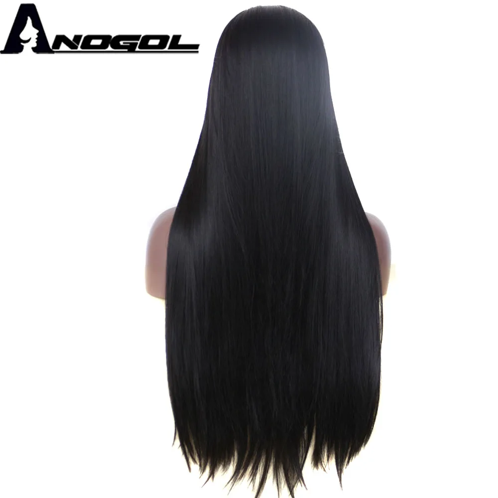 Anogol Handmade Long Straight Black Synthetic Lace Front Wig Glueless Middle Parting Space Heat Resistant For Black Women