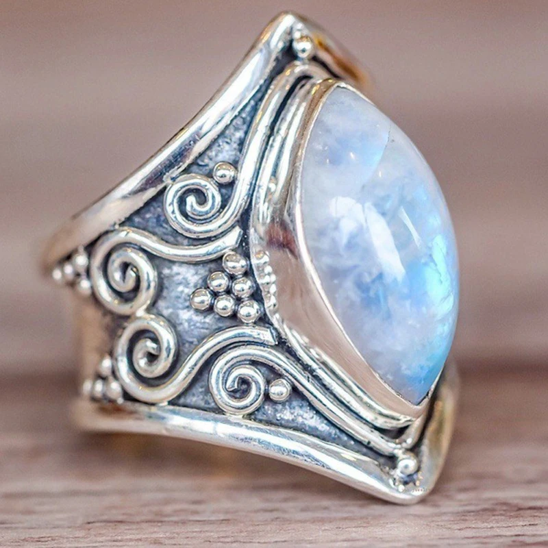 

Vintage Tibetan Silver Big Healing Crystal Rings For Women Boho Antique Indian Moonstone Ring Fine Jewelry Girls Ladies Gifts