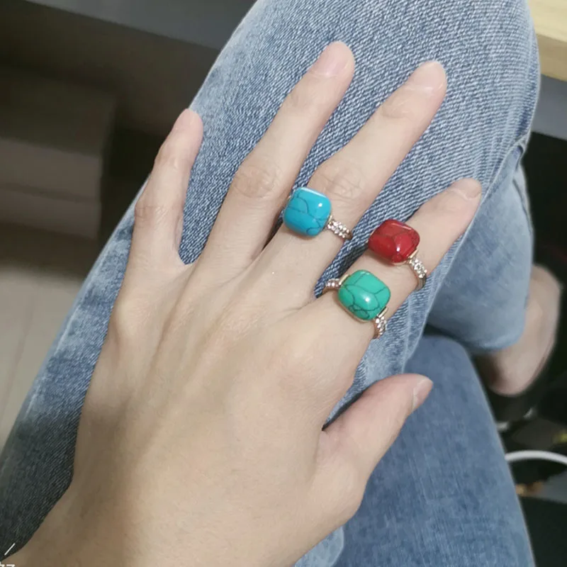 

Square Rounded High Polished Imported Rhinestone Red/Green/Blue Natural Stone Rings Current Fashion Hot Trend Vintage Types
