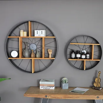 

Industrial style wood and iron shelf organizer wall shelf wood round antique spice holder storage rack metal garden decors