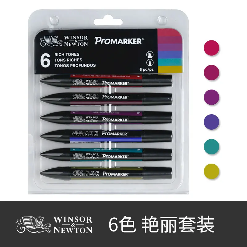 WINSOR&NEWTON Professional Marker Pen 6/12 Colors Double-side(round toe and oblique) Drawing Design Marker Pen Art Supplies - Цвет: 6 colors