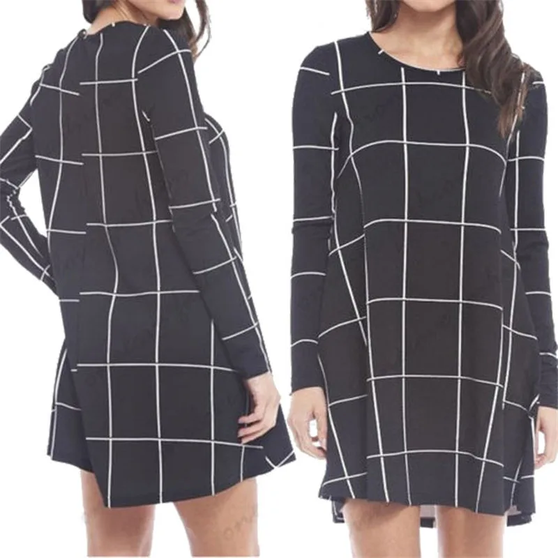 Womens Black White font b Tartan b font Check Print Short Dress Ladies Casual Long Sleeve
