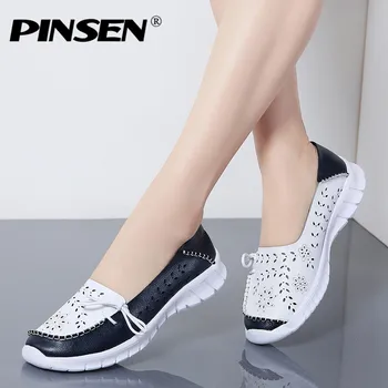 

PINSEN 2020 New Fashion Women Flats Shoes Genuine Leather Summer Shoes Woman Slip-on Ballerina Flats Mother Boat Shoes moccasins