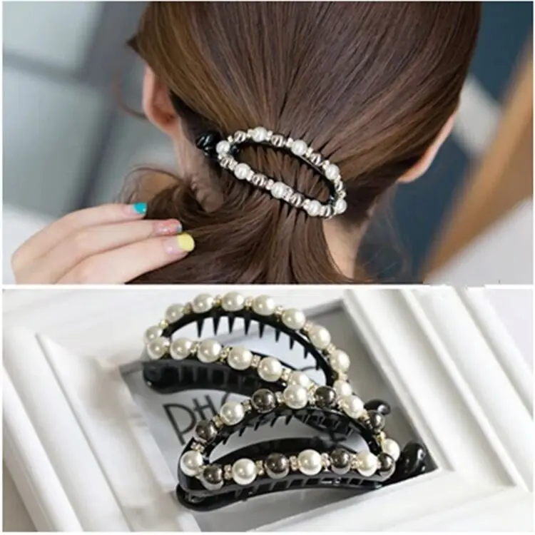 

Hot women's hair accessories inlaid pearl banana clips plate hair ponytail clips rhinestone hollow elliptical hairpin jewelry