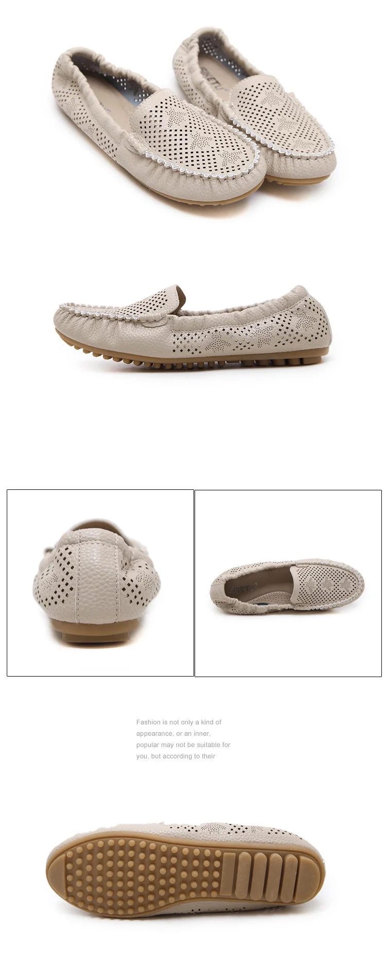 Woman Loafers PU Leather Shoes for Mother Flat with Sewing Summer Women's White Shoes Breathable Hollow Ballet Flats Black Beige (5)