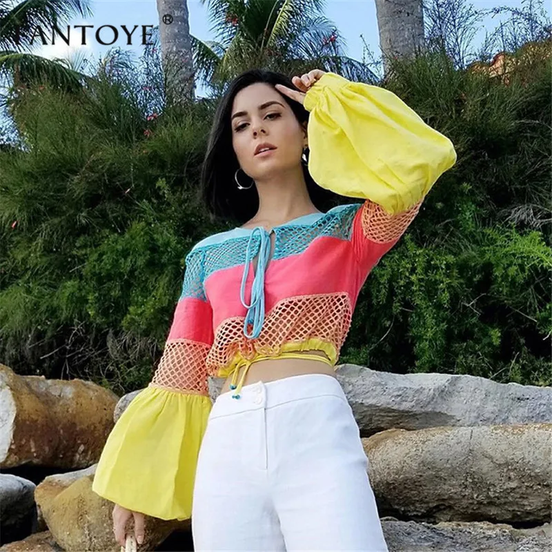 

Fantoye 2019 Sexy Women T-shirt Summer Hollow Out Crochet Patchwork Beach Crop Top Women Lantern Sleeve Lace Up Casual Tee Tops