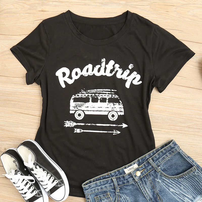 

Road Trip Arrow O-Neck T-Shirt Plus size Women T-Shirt Letter Print Summer Short Sleeve Female Fashion t shirt Casual Ladies Top