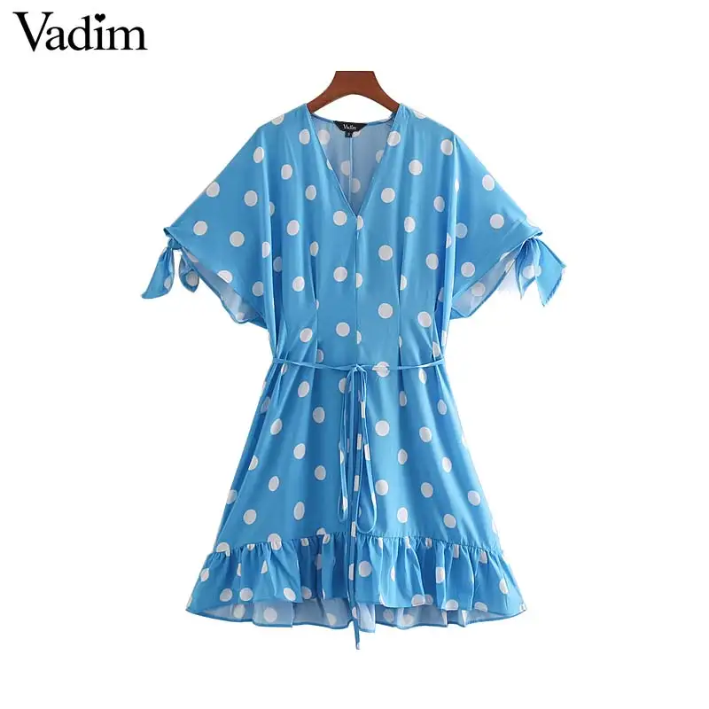 

Vadim women sweet dot print mini dress bow tie sashes stylish V neck female cute short sleeve A line dress vestidos QB896