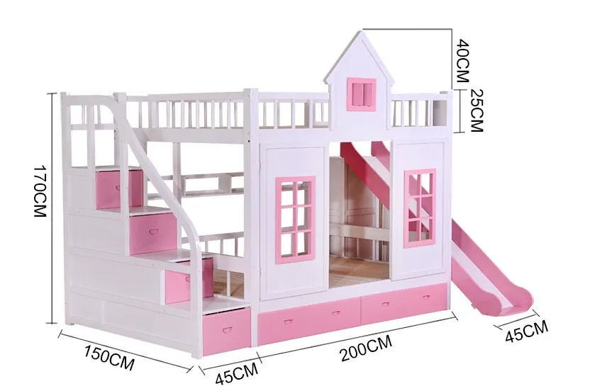 Children Bunk Bed Wooden 2 Floor Ladder Ark With Slide Bed Pink Children Bedrooms Set Furniture