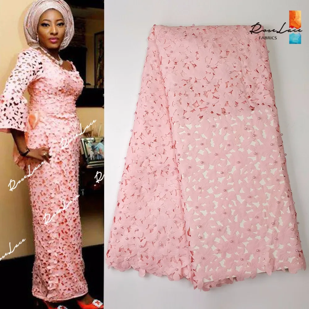 

2017 Top Selling Laser Cutting Design Beaded Jacquard Pink Lace Fabric African Indian Cotton Beads Wedding Laces Jacquard Fabric