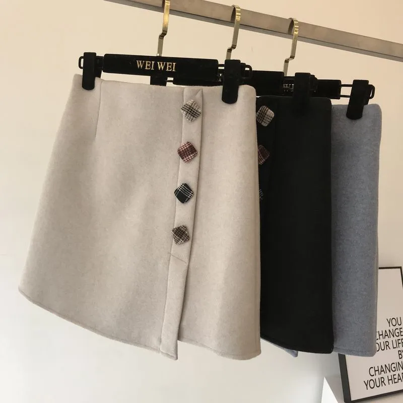 

2018 Autumn Winter Preppy Style Irregular Woolen Skirts High Waist Side Buttons Short Mini Bodycon Skirts Sheath A Line Skirts