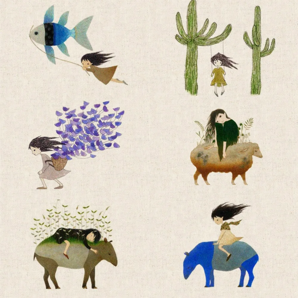 ZERZEEMOOY, 20X20 см, 6 шт./лот, ручная роспись, хлопок, лен, ткань для рукоделия, шитье, лоскутное шитье, Декор, ткань, рыба и девочка