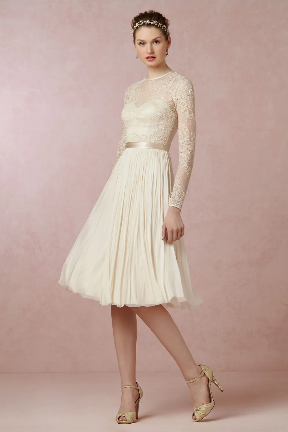 

New Arrival Beach Lace Wedding Dresses A Line O- Neck Long Sleeves Knee Length Victorian Bridal Gowns Under $100 Cheap In Stock