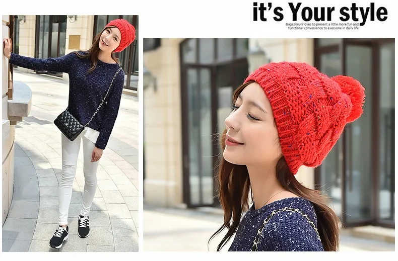 2015 New Autumn and Winter Thick Warm Solid Knit Women Hat Female Cap with lint (4)