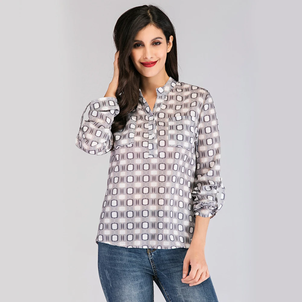 

V Neck Womens Tops And Blouses Casual Long Sleeve Loose Chiffon Ladies Top Printed Button Vintage Women's Clothes Tunic Blusas