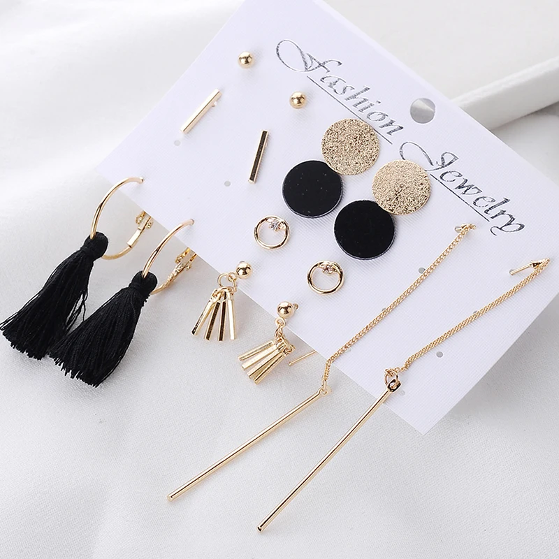 

New8 Pairs Fashion Tassel Round Stud Earrings Set For Women Mixed Black Acrylic Statement Korean Long Earrings Sets