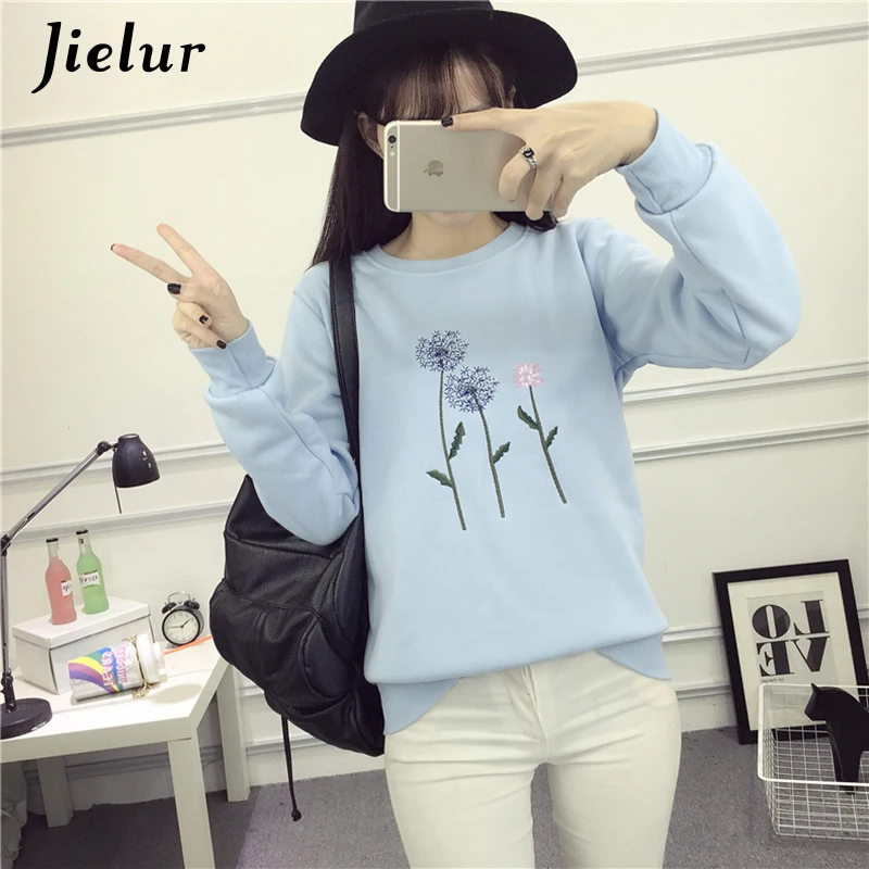 Jielur Одуванчик вышивка флис sudaderas mujer 2019 Новый Белый Синий базовый шик толстовки