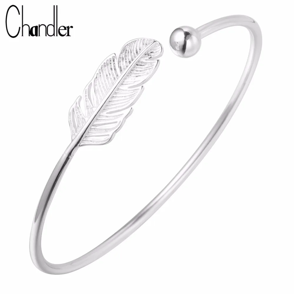 Chandler 925 Sterling Silver Feather Charm Cuff Bracelet & Bangles For Women Chunky Exquisite Pom Pulsera Homme Femme Bijoux