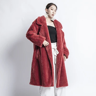 new real sheep fur coat long style camel teddy bear icon coat Oversized Parka Thick Warm Outerwear winter women coat - Цвет: Red