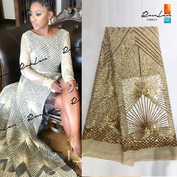 

Fashion Design African Sequins Lace Fabric Gold Sequined Embroidered Mesh Net Laces For Wedding Dresses Style 2019 New Fabrics