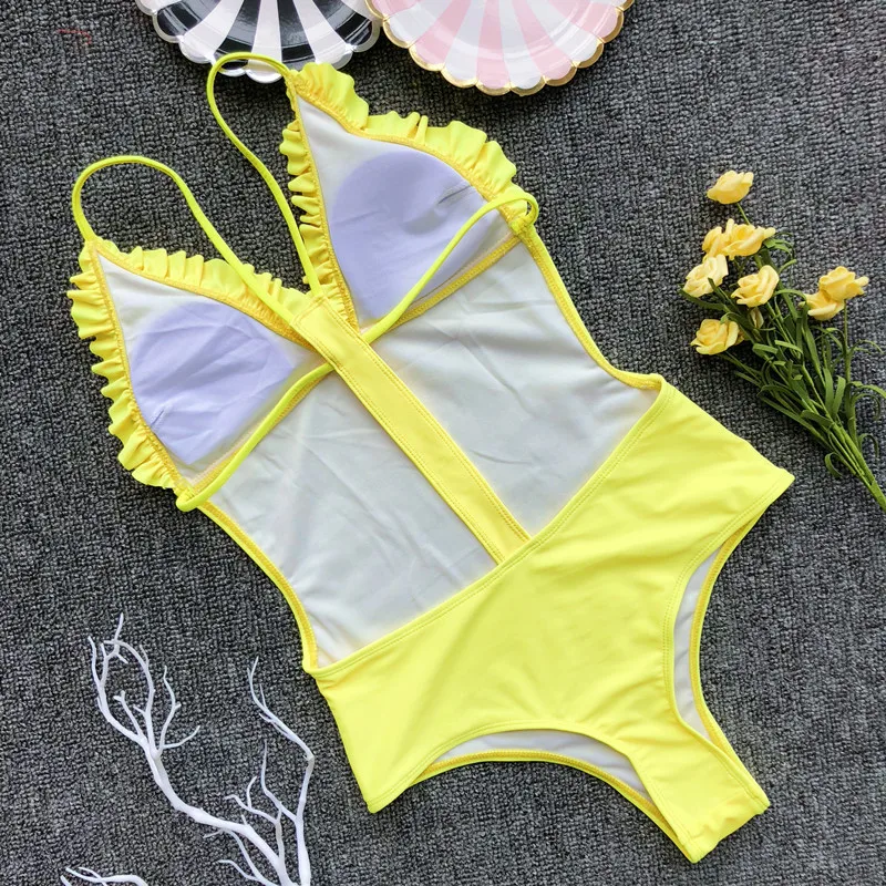 Сексуальный Одноцветный купальник с оборками для женщин Maillot De Bain Femme Купальник Цельный купальник для женщин купальный костюм Монокини