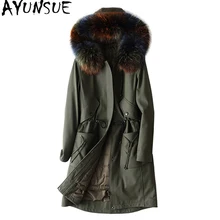 AYUNSUE, натуральная кожа, куртка для женщин, длинная, настоящая овчина, пальто, натуральный мех енота, воротник с капюшоном, зимние пуховики, X-38-1