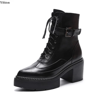 

Olomm New Women Winter Leather Ankle Boots Square Heels Fashion Pointed Toe Black Army Green Club Shoes Women US Size 4-10.5