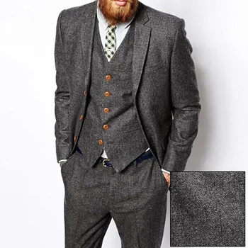 Cena Jodełka Szary Tweed Mężczyźni Garnitur W Stylu Vintage Jesień Zima Groom Smokingi Ternos Formalne Garnitury ślubne Dla Mężczyzn 3 Sztuka Męskie Klasyczne Garnitur