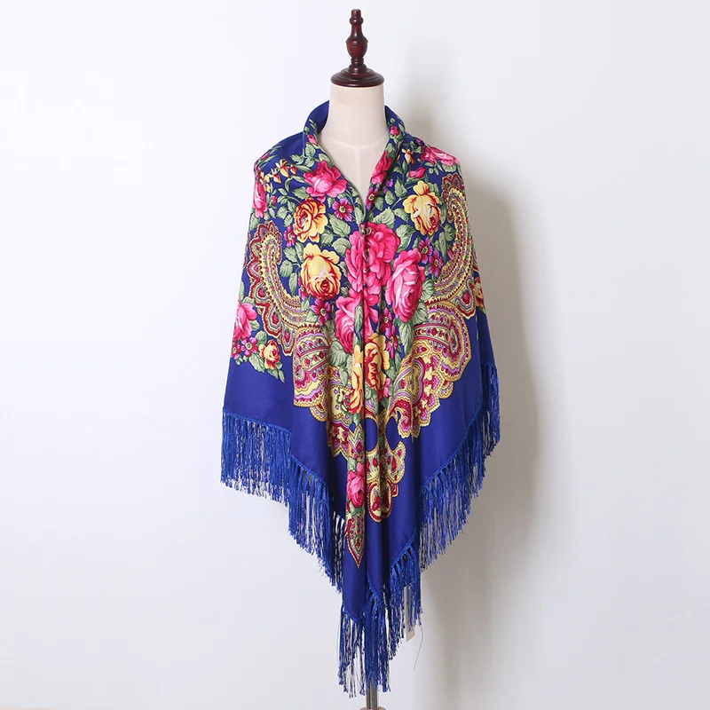 [FAITHINK] 160 см, большой размер, женский шарф-накидка с цветочным принтом, для путешествий в России, из хлопка, с кисточками, шаль, этнический квадратный пончо, хиджаб