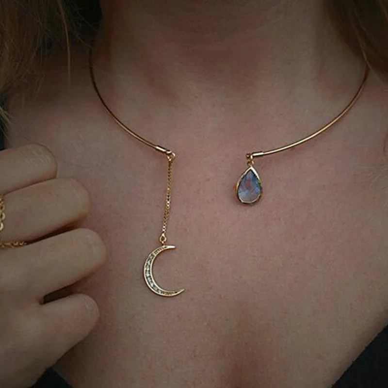 

New fashion jewelry moon Water drop Pendant alloy crystal Necklaces for women gold opening Clavicular chain accessories gift