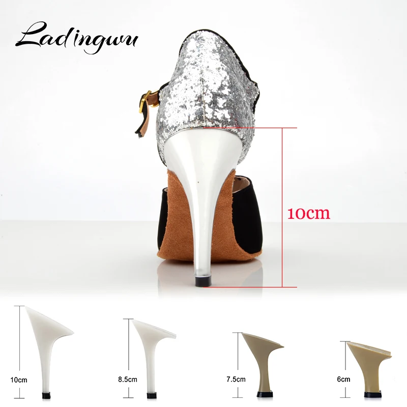  Ladingwu Dance Shoes Latin Women Black Flannel and Silver Glitter Ballroom Dance Shoes Salsa Woman 
