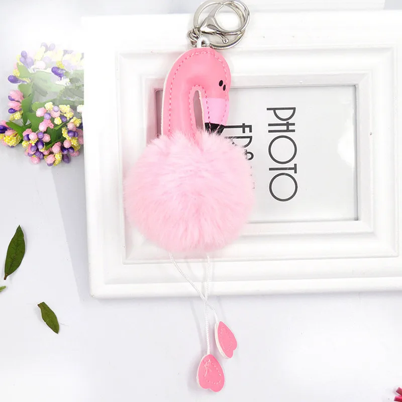 

Mini Flamingo Keychain Pu Leather Birds Key Chain Pompom Fur Key Holder Cover Women Bag Charm Pendant Accessories