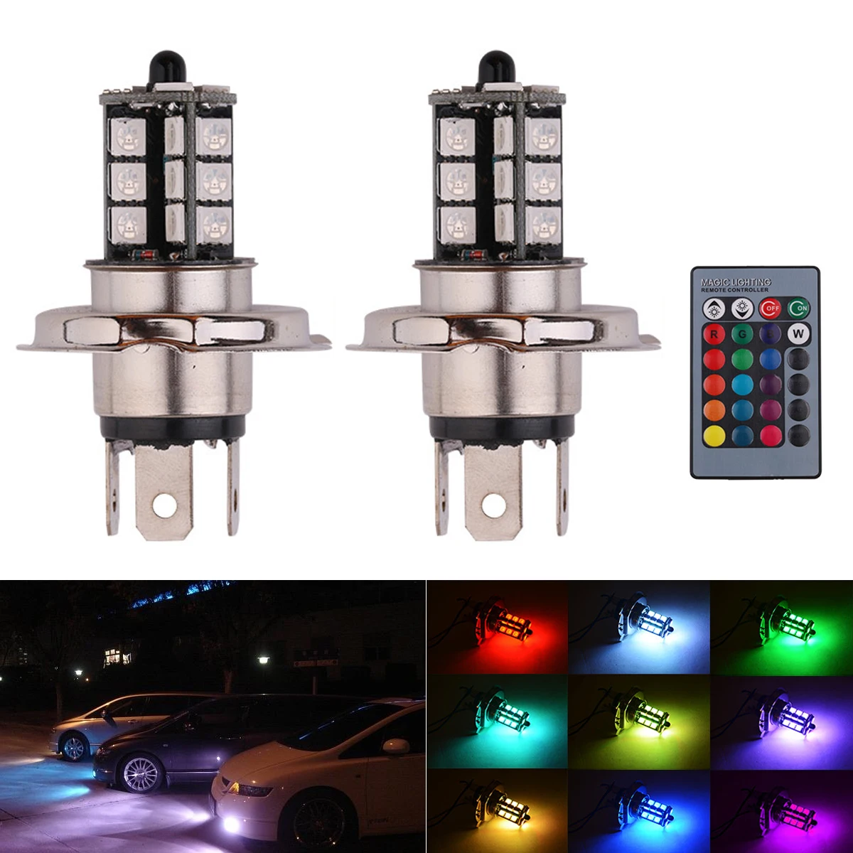

2PCS 5050 27SMD Car LED Light H4 LED RGB Fog Lamp Auto Colorful Fog Headlight Remote Control Flash Strobe