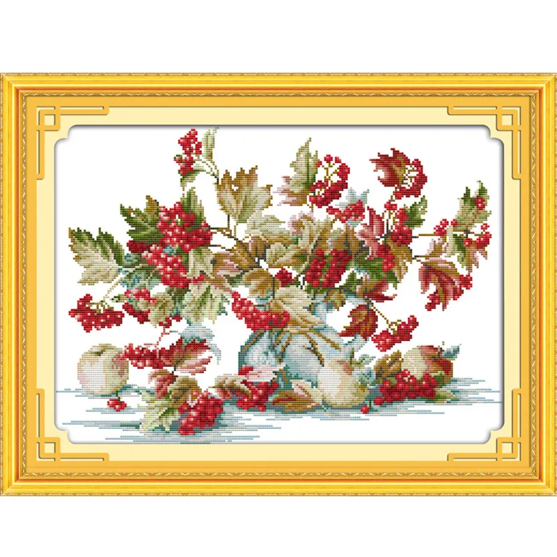 

Little Red Fruit Flower Patterns Needlework 14CT White Canvas Cross Stitch,Sets For Embroidery Kits, DMC Counted Cross-Stitching
