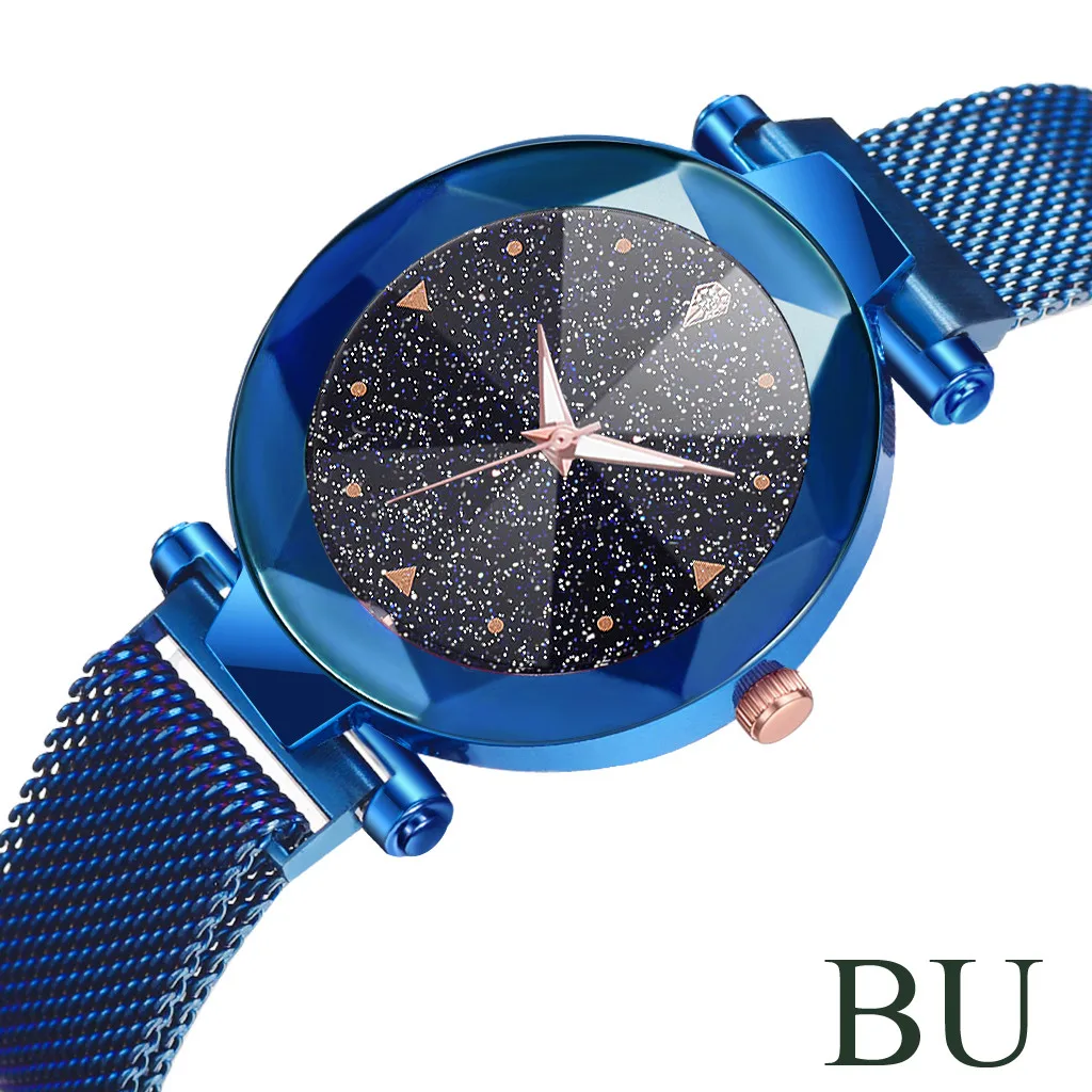 Reloj mujer, модные женские часы, звездное небо, выпуклая стеклянная кварцевая сетка с магнитной пряжкой, женские часы bayan kol saati - Цвет: Синий