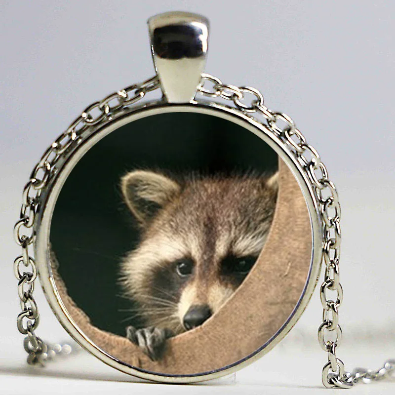 

Wholesale Raccoon Pendant Necklace Raccoon Jewelry Animal Picture Glass Cabochon Necklace Pendant