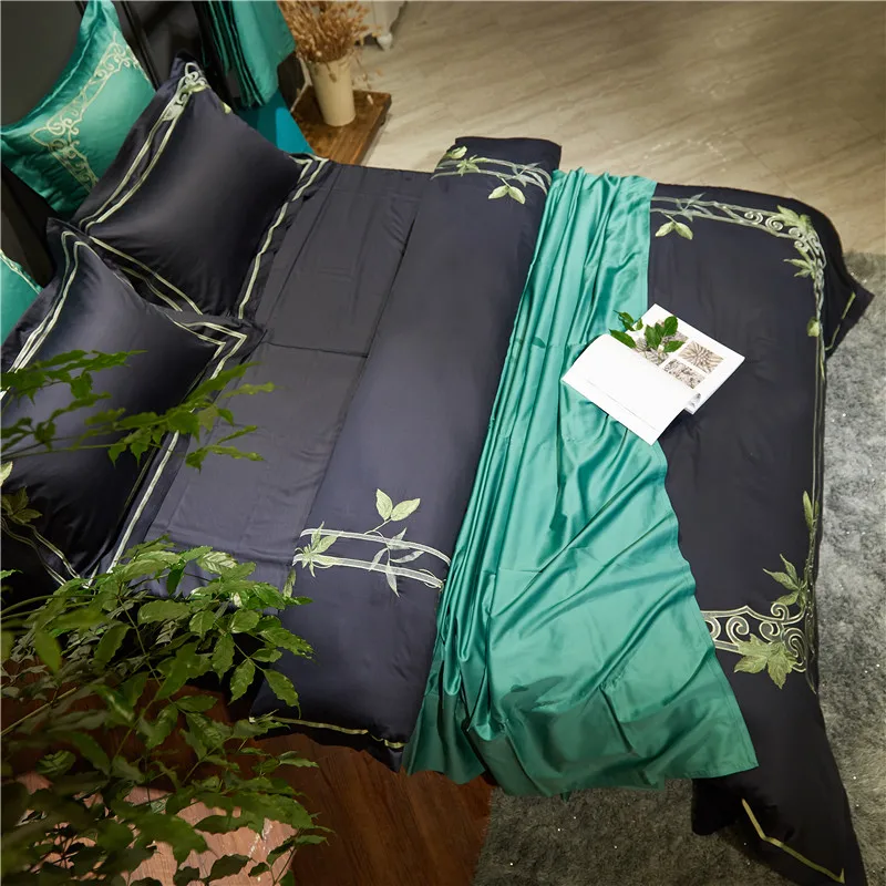 Waliicorners Egyptian cotton Bedding Set leaf Embroidery Bed Linens Bed Sheet Set black white Bedclothes Queen/King Size Bed cover 4/6pcs 12 DSC_7116