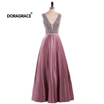

Doragrace robe de soiree A-Line Floor-Length Sexy Deep V-Neck Backless Long Evening Dresses Beaded Formal Evening Gowns