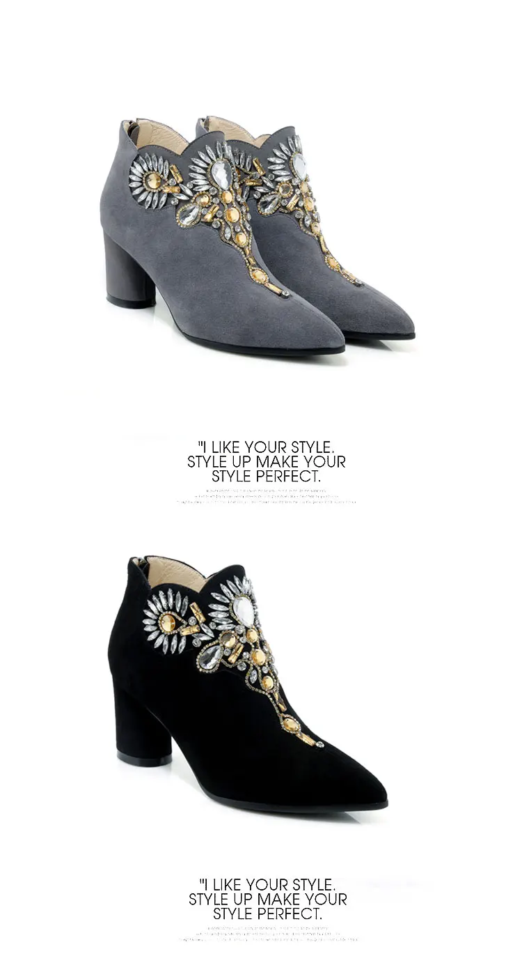 Koovan/женские ботинки; коллекция года; женские короткие ботинки из воловьей кожи с острым носком на толстом каблуке; ботильоны со стразами; женская обувь на высоком каблуке