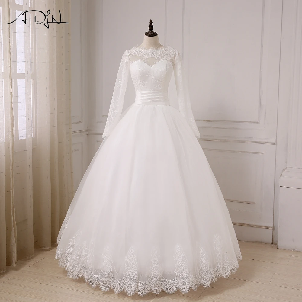 6841 40 De Réductionadln A Ligne Robe De Mariée 2017 Manches Longues Tulle étage Longueur Robes De Mariée Plus Taille Personnalisée Robe De