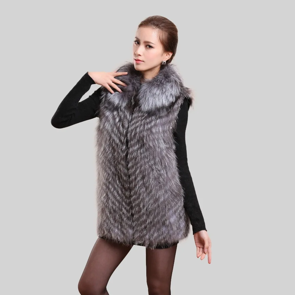 Новый Silver Fox Меховой жилет с меховым воротником Роскошный Жилет Длинная Куртка